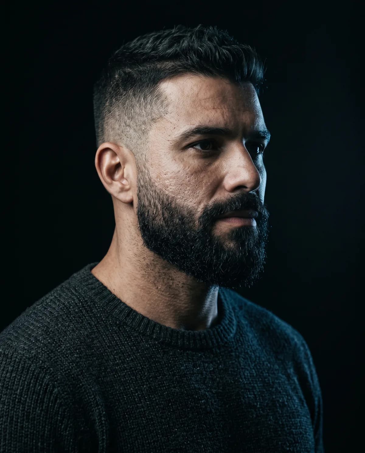 Retrato de homem com barba cheia e corte curto bem acabado, em luz lateral dura sobre fundo escuro. Imagem ilustrativa.