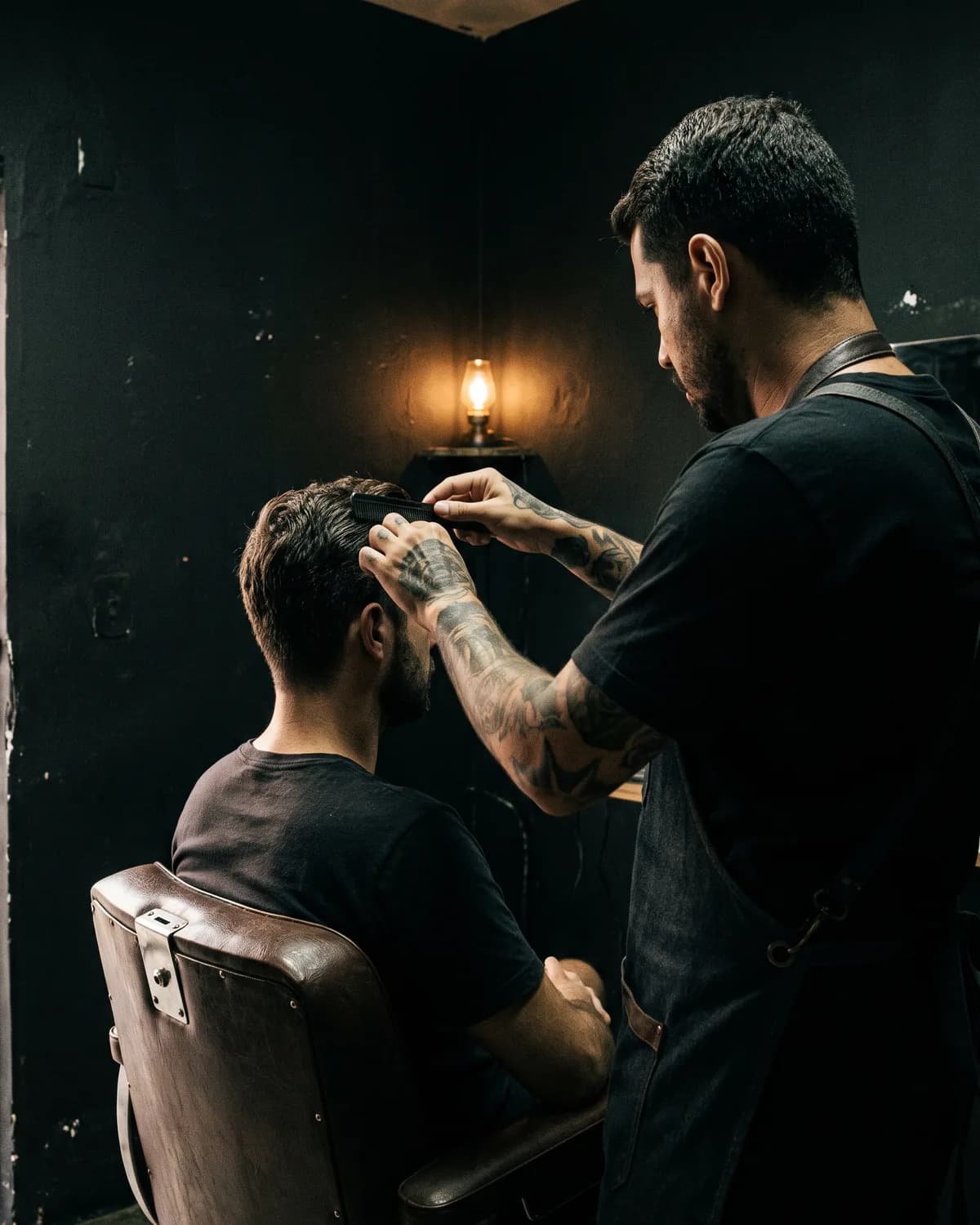 Barbeiro penteando o cabelo de um cliente na única cadeira da barbearia, em luz baixa. Imagem ilustrativa.