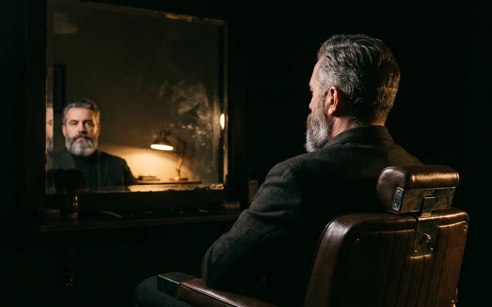 Homem grisalho sentado de costas na cadeira, com corte curto e barba aparada, refletido no espelho da barbearia. Imagem ilustrativa.