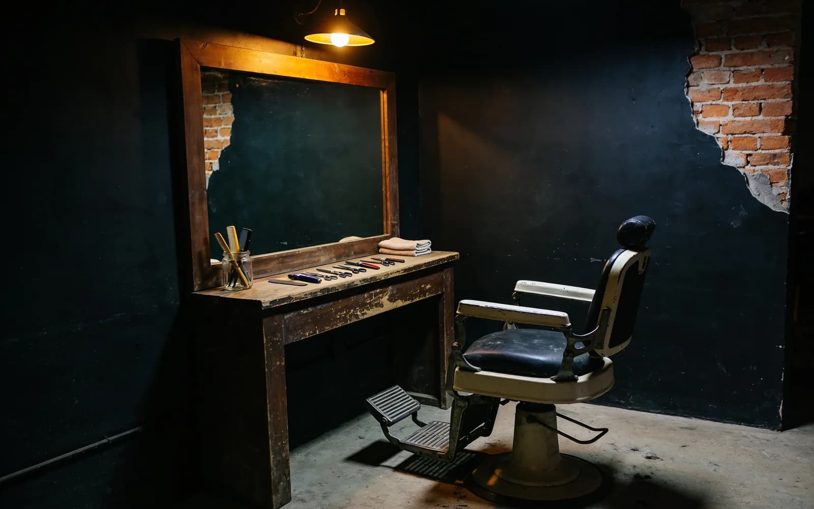 Barbearia de bairro com uma única cadeira diante do espelho e a bancada de trabalho, em luz baixa. Imagem ilustrativa.